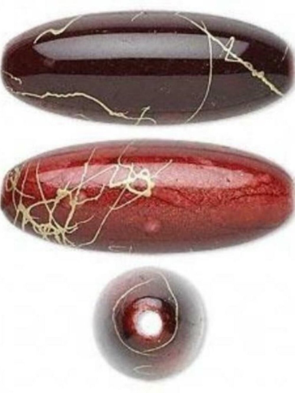 Vintage Brick Red & Gold Swirls Large 32mm Tapered Oval Acrylic Beads 4 pcs